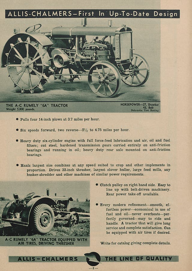 Allis Chalmers Rumely 6A Tractor air tires 1933