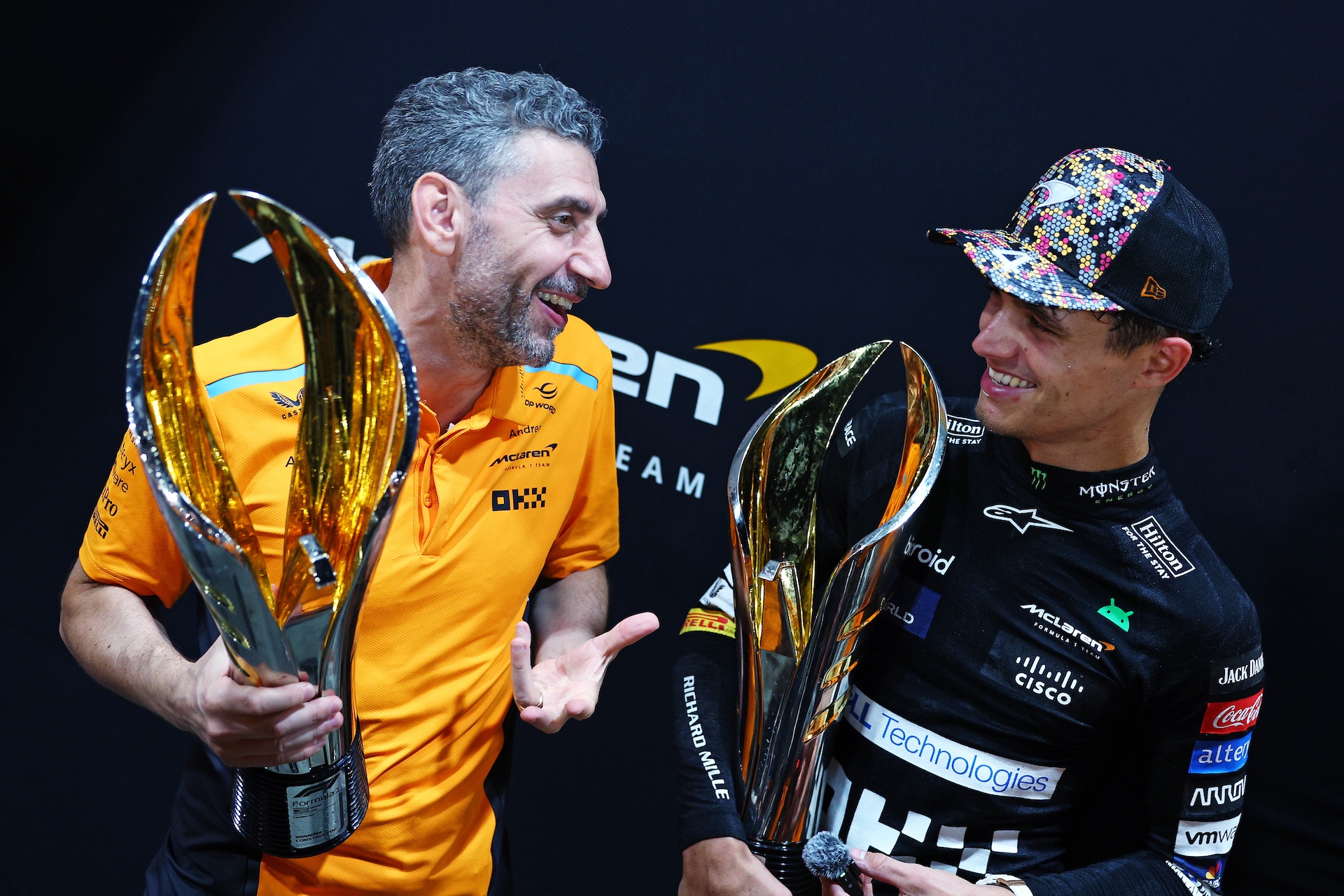 SINGAPORE, SINGAPORE - SEPTEMBER 22: Race winner Lando Norris of Great Britain and McLaren and McLaren Team Principal Andrea Stella celebrate their win after the F1 Grand Prix of Singapore at Marina Bay Street Circuit on September 22, 2024 in Singapore, Singapore. (Photo by Clive Rose - Formula 1/Formula 1 via Getty Images)