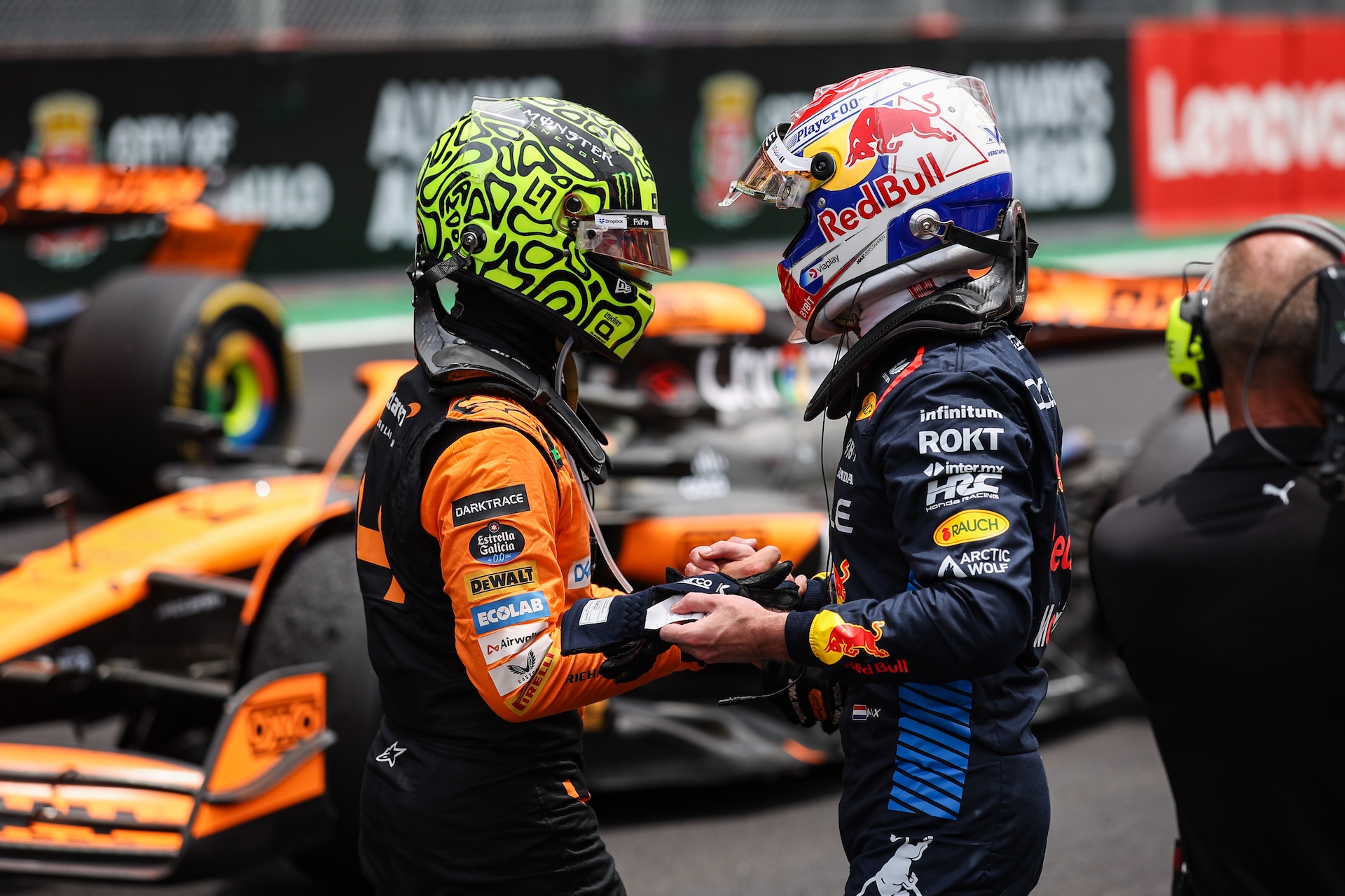 Lando Norris of McLaren F1 Team MCL38 and Max Verstappen of Red Bull Racing RB20 pose for a portrait during the Formula 1 Grand Prix of Brazil at Autodromo Jose Carlos Pace in Sao Paulo, Brazil, on October 31 to November 3, 2024. (Photo by Gongora/NurPhoto via Getty Images)