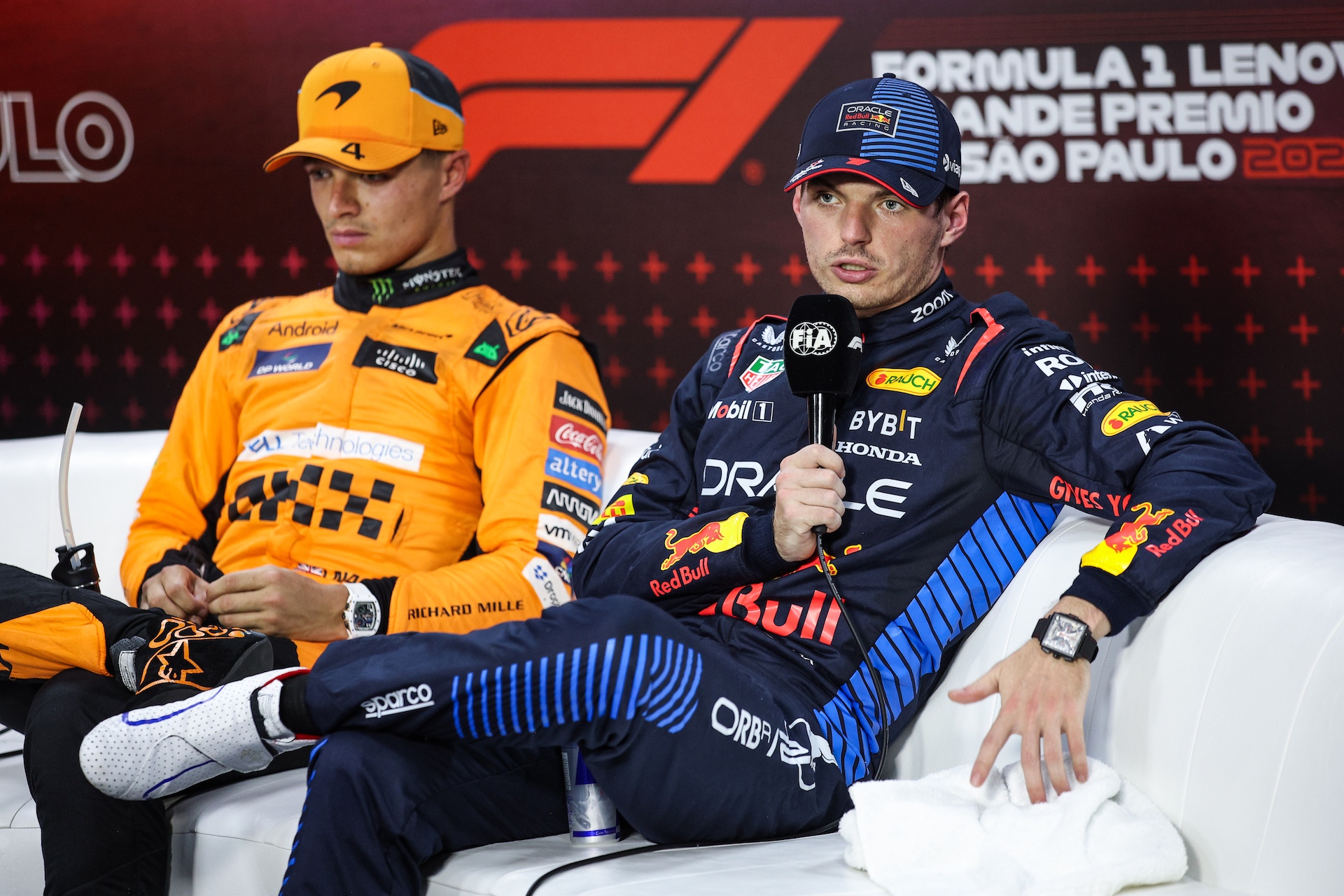 Max Verstappen of Red Bull Racing RB20 and Lando Norris of McLaren F1 Team MCL38 pose for a portrait during the Formula 1 Grand Prix of Brazil at Autodromo Jose Carlos Pace in Sao Paulo, Brazil, on October 31 to November 3, 2024. (Photo by Gongora/NurPhoto via Getty Images)